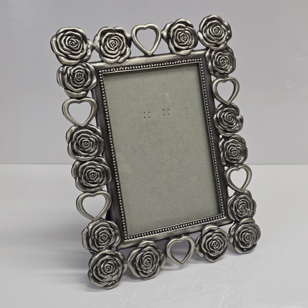 Vintage‎ Pewter Rose Heart Picture Frame 4x6 Silver Ornate Heavy Cottagecore